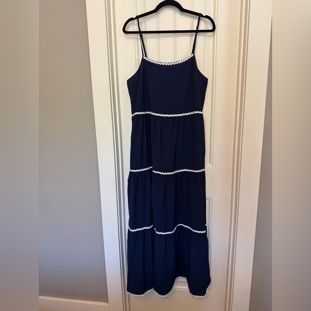 Navy Tiered Spaghetti-Strap Maxi Dress with White Trim